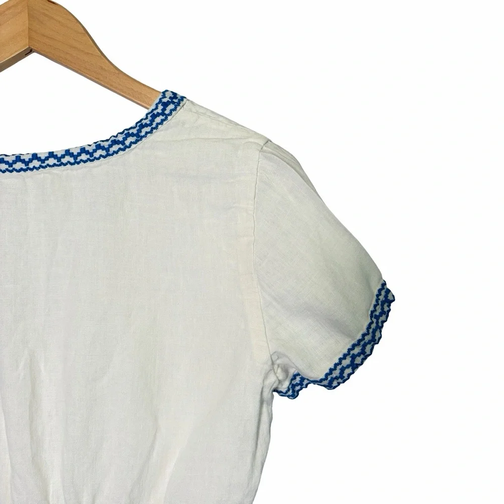 J. Crew 100% Linen Embroidered White Midi Dress with Blue Trim V-Neck, US 6 - Picture 10 of 16